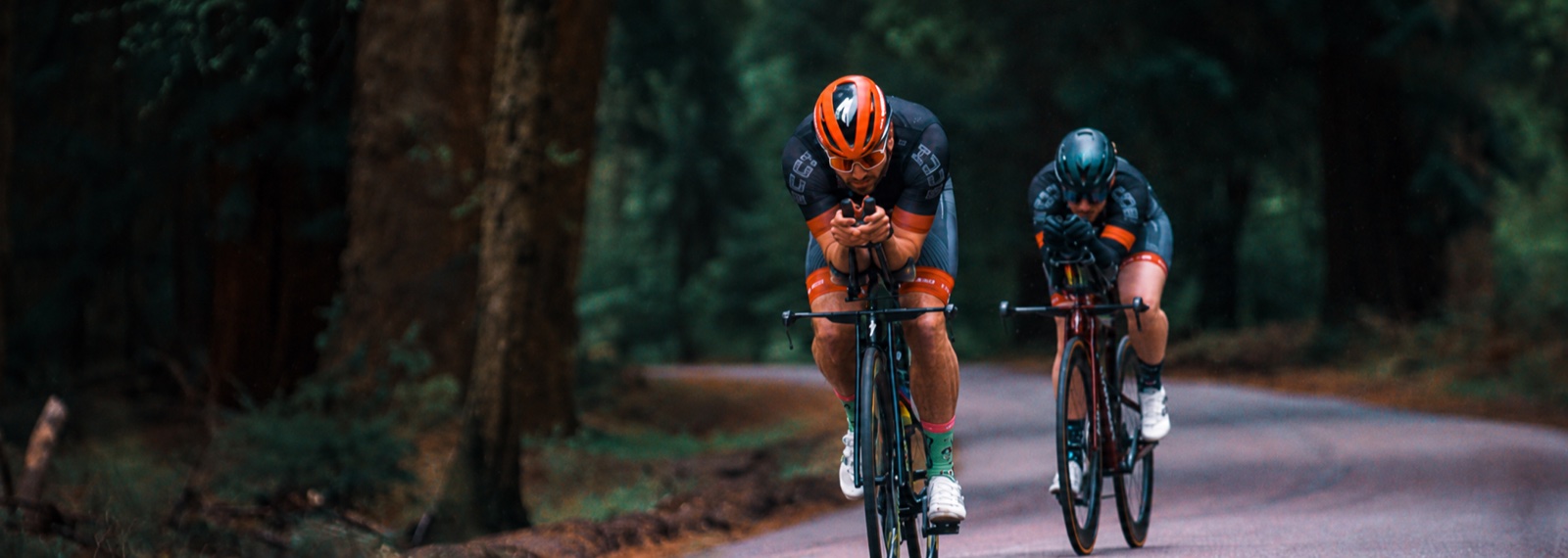 Two cyclists riding in aerodynamic positions on a forest road